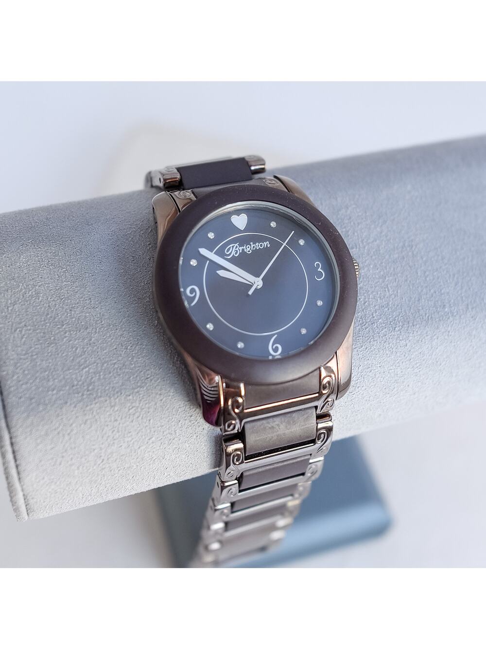 Brighton Brooklyn Quartz Watch Bronze Rubber Etched Swirl Bezel Fold Over Clasp